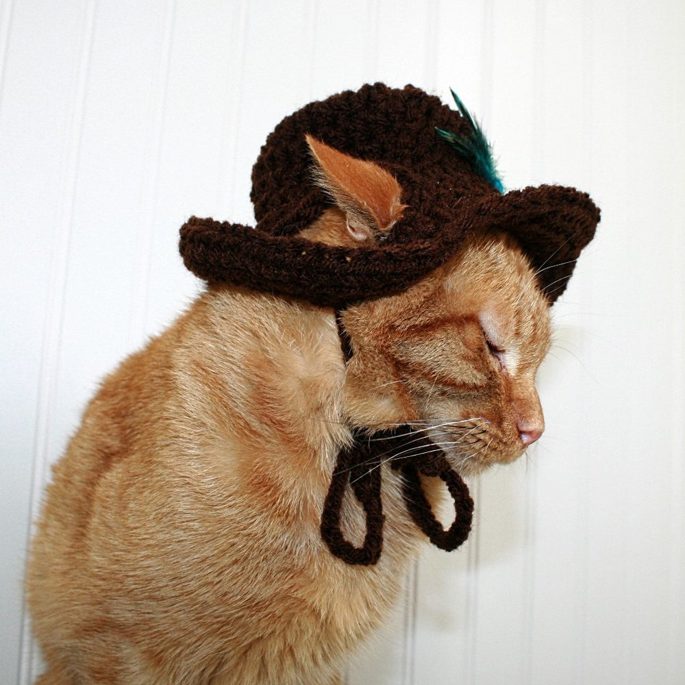 HAND CRAFTED Crochet Cowboy Cat Hat Brown Costume Pet Supply Photo Prop - Picture 4 of 15